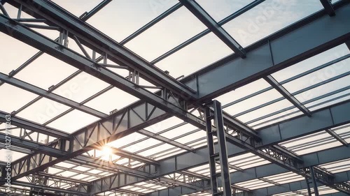 Wallpaper Mural Steel industrial framework of a large building under construction with open roof structure, metal beams, and sunlight shining through the structural grid Torontodigital.ca