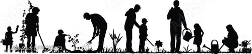 Gardening silhouettes, family teamwork, outdoor activity, black and white, planting, watering, digging, raking, nature care, children helping, environmental scene