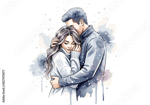 Couple embracing in snowfall with gentle expressions in winter scene  