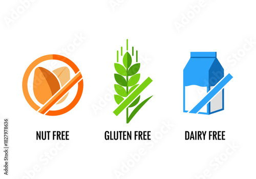 Dietary restriction symbols: nut free, gluten free, dairy free  