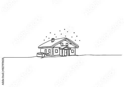 Alpine hut outline with snowfall in a winter landscape, concept of Christmas and New Year  