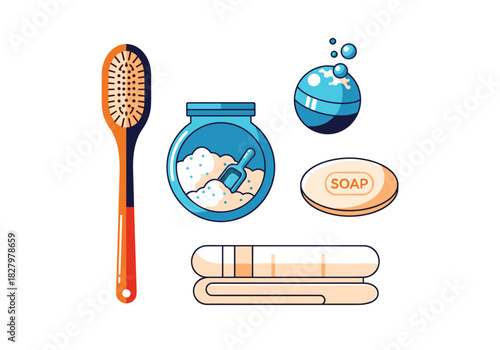 Bath ritual icons including a brush, soap, and relaxing items  