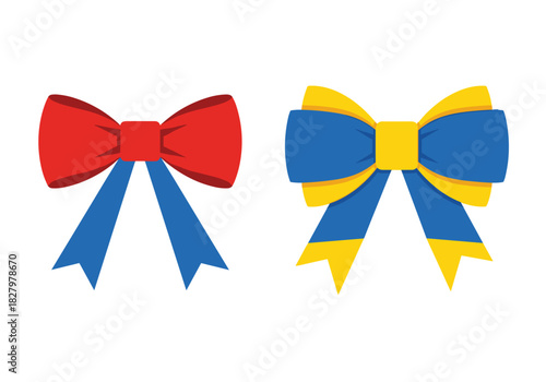 Red and blue gift bows in symmetric and asymmetric styles for decoration  