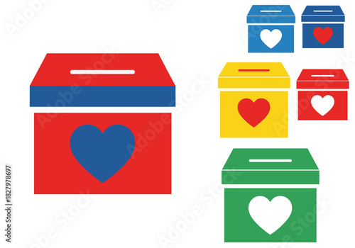 Charity donation boxes in various colors with heart symbols  