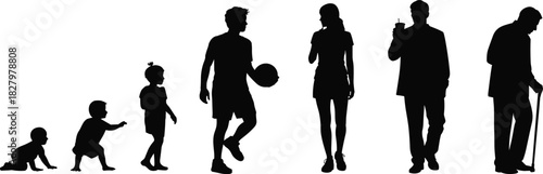 Human life silhouette, age stages, black and white, baby to elder, development timeline, growth phases, aging concept, visual progression, identity