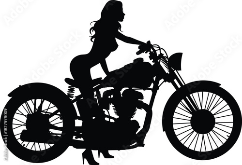Motorcycle silhouette, confident pose, black and white, vintage bike, standing figure, long hair, high heels, bold stance, outdoor style