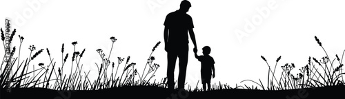 Parent child silhouette, black and white, nature scene, tall grass, wildflowers, emotional bond, guidance moment, peaceful outdoor setting