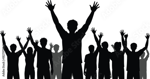 Raised arms silhouette, group unity, black and white, celebration pose, public gesture, crowd energy, expressive stance, solidarity, people outline