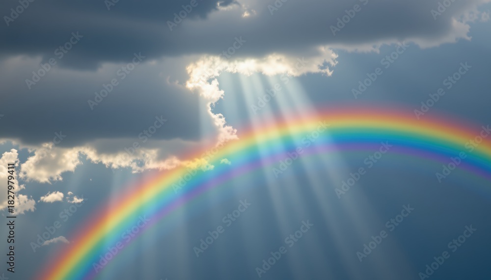 Naklejka premium Hope and Equality: Rainbow and Sun Rays Breaking Through Clouds, Symbolizing Freedom and Optimism in a Bright Sky (Copy Space)