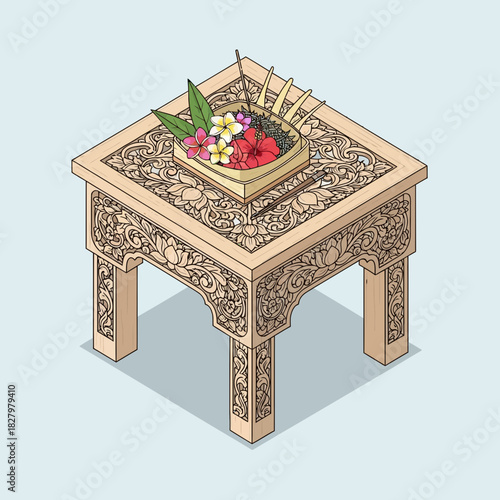 Intricate Wood Carving Table with Traditional Balinese Offering Illustration