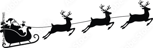 Santa silhouette, sleigh with reindeer, black and white, Christmas flight, gift delivery, festive icon, holiday scene, winter magic, folklore