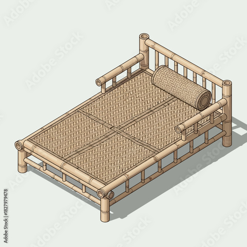 Isometric illustration displaying a bamboo bed frame with woven mattress