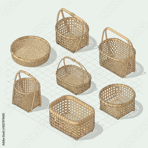 Isometric view of diverse handmade baskets in various shapes and sizes