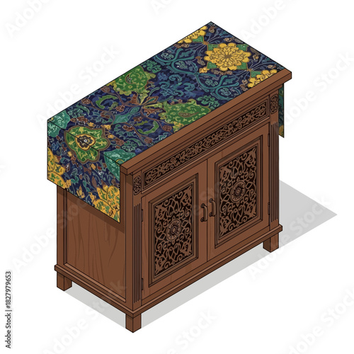 Ornamental Wood Cabinet with Botanical Print Table Runner in Isometric View