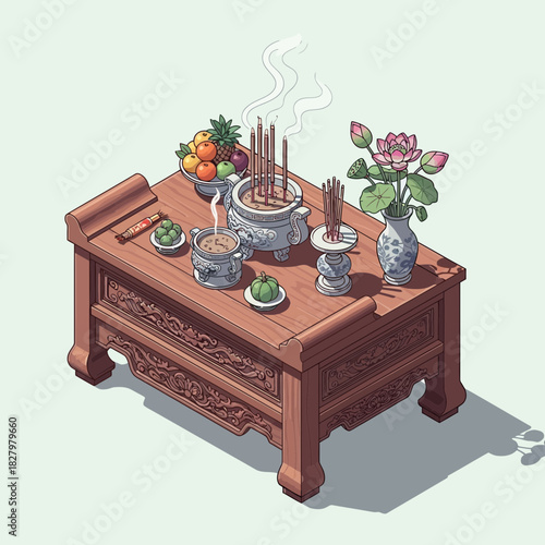 Ornate altar table with incense, fruits, and lotus flowers illustration