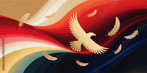 Golden eagle silhouette flying over abstract red and blue waves with floating feathers, modern decorative freedom background illustration