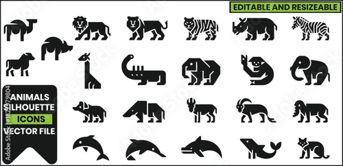 Animal Silhouette Vector Icon Set .