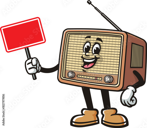 Radio mascot cartoon holding a blank sign