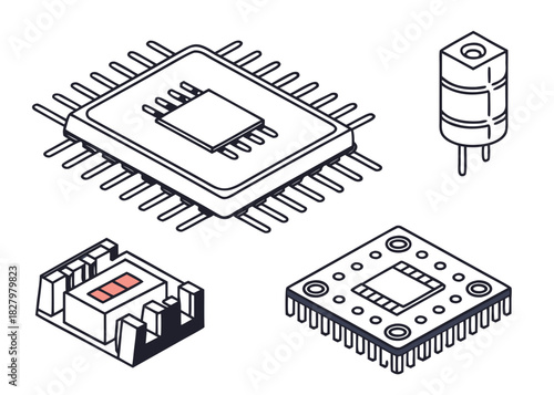 Isometric Line Art Illustrations of Various Electronic Computer Microchips computer chip