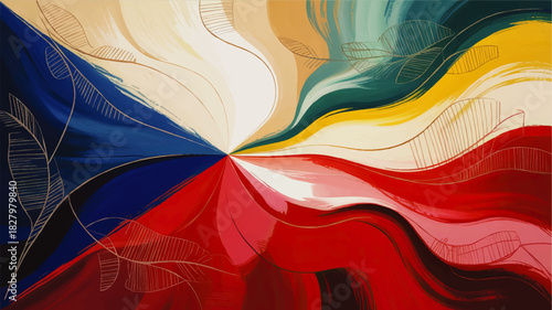 Colorful abstract wave background with flowing red blue yellow brush strokes and delicate leaf line art for modern design