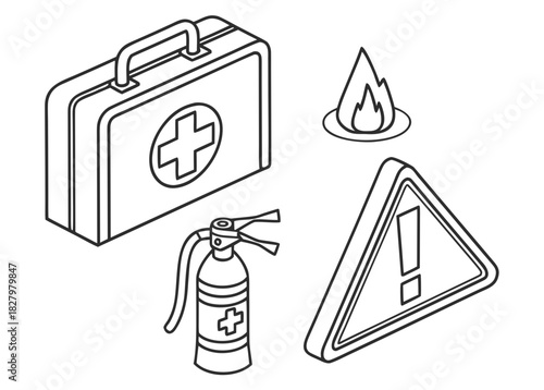 Isometric safety and emergency equipment on white background first aid fire extinguisher