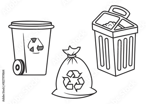 Recycling bins and trash bag with recycling symbols line art garbage