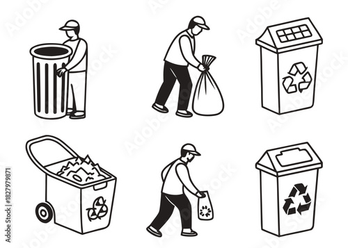 People collecting and disposing of trash with recycling bins and bags garbage collection