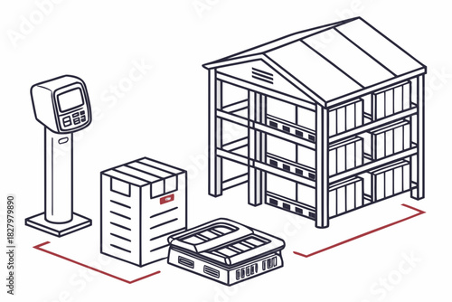Warehouse shelving, boxes, and scales for logistics and inventory storage package