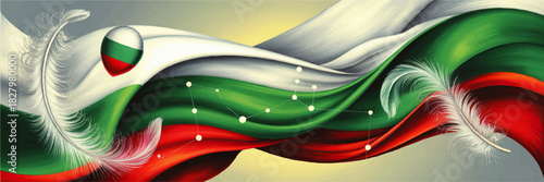 Abstract Bulgarian flag waves with white feathers and constellation lines, patriotic green red illustration for national celebration design