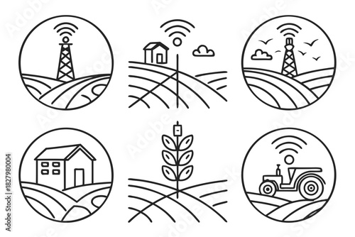 Set of six circular line art icons representing smart farming concepts Keywords: agriculture, farming
