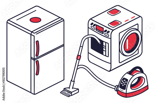 Isometric view of refrigerator washing machine vacuum and iron Keywords: appliance, home, household