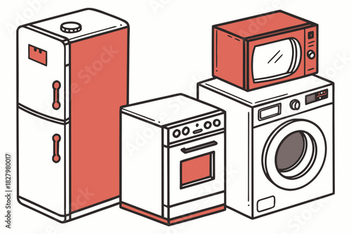 Isometric illustration of household appliances with red accents Keywords: appliance, kitchen, laundry