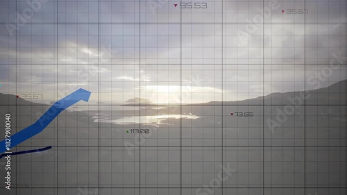 On start grid overlay activating, animating lines rising peaking diverging showing trends over sea