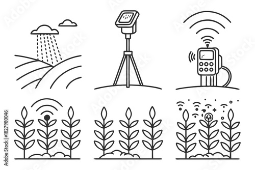 Smart farming technology icons for agriculture on white background rain field