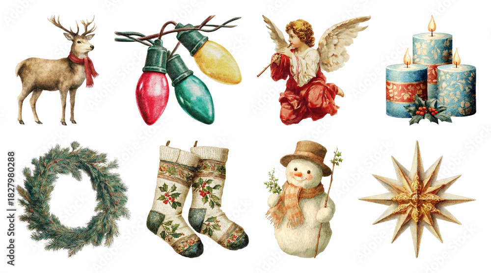 Obraz premium PNG Vintage Christmas festive decoration elements, element set on transparent background
