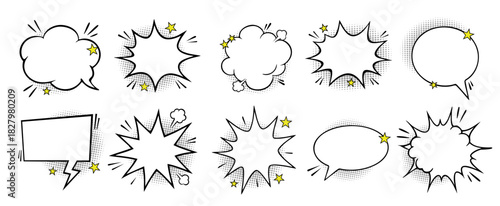 Comic Speech Bubble Vector Set, Pop Art Explosion and Chat Balloon Collection