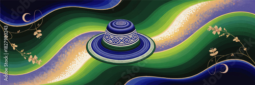 Colorful abstract summer hat illustration on wavy green and blue background with floral line art and dreamy decorative design