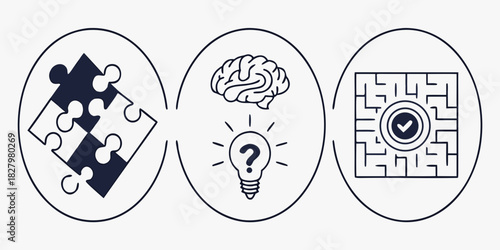 Problem Solving Icons Puzzle Brain Lightbulb and Maze jigsaw puzzle pieces