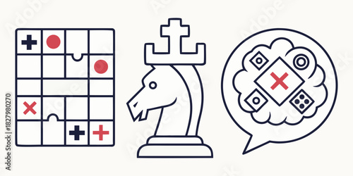 Strategy Icons Tic Tac Toe Chess Knight and Thought Bubble game grid