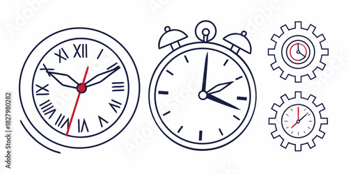 Clocks and gears with Roman numerals and alarm clock on white Keywords: clock, time, watch, alarm