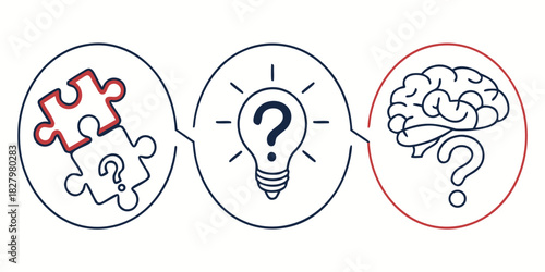 Puzzle pieces brain and light bulb with question marks on white Keywords: puzzle, jigsaw, question