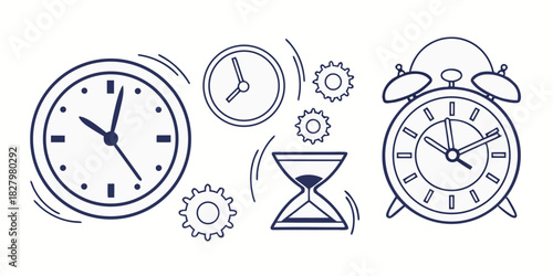 Collection of Timekeeping Devices and Gears in Outline Style clock alarm clock