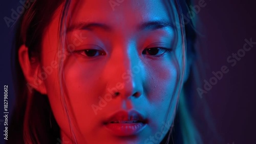 Young Woman Face Lit by Red and Blue Neon Lights.