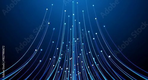 Abstract Blue Glowing Digital Fiber Optic Lines with Data Dots Stream on Dark Background