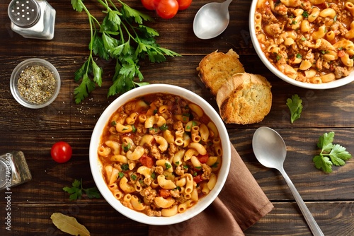 Dsh with ground beef and elbow macaroni in tomato sauce