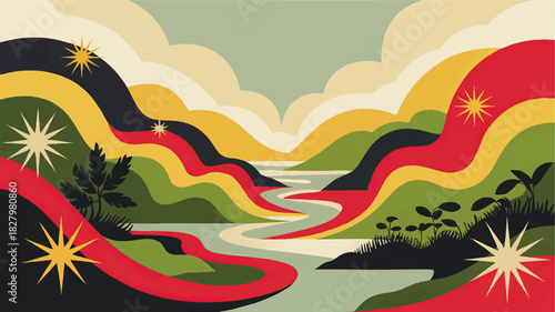 Abstract retro landscape illustration with colorful winding river, rolling hills, sunburst stars and vintage nature scenery background
