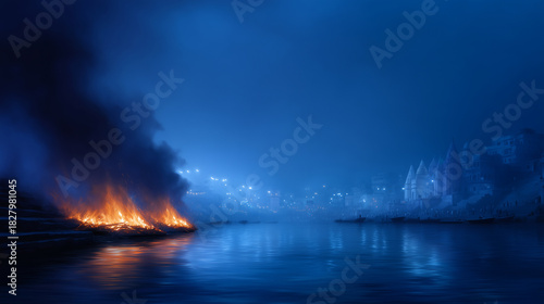 Nighttime ritual fires burning along a riverside in an ancient Indian city. Large wooden pyres glow with deep orange flames and thick dark smoke rising into the night sky. The rive