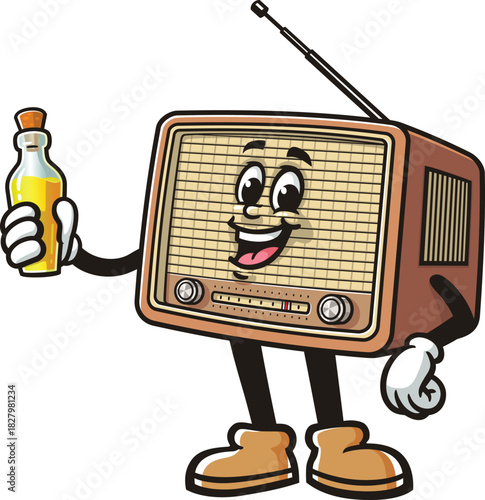 Cartoon of Radio mascot holding lubricating oil