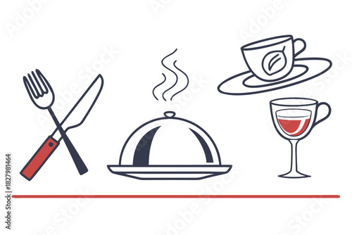 Hand- Drawn Icons of Food Service Items with Red and Blue Accents dining cutlery