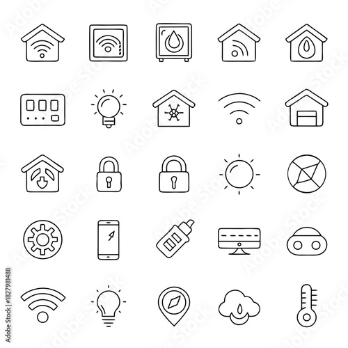 Comprehensive set of smart home technology line art icons outline